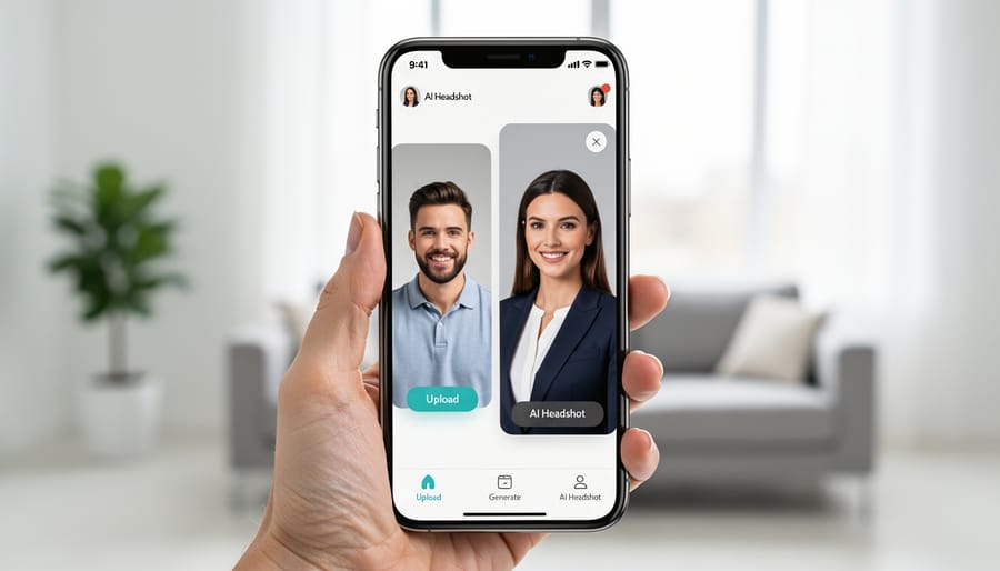 Person using smartphone to create AI-generated professional headshot