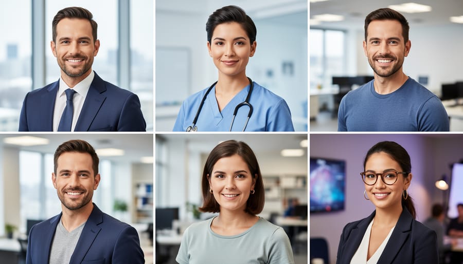 Multiple professional headshots showing different industry-appropriate styles and attire