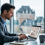 Professional job seeker in business attire reviewing AI-generated headshots on a laptop at a desk, with Quebec City skyline and Château Frontenac softly blurred through an office window under soft natural daylight.