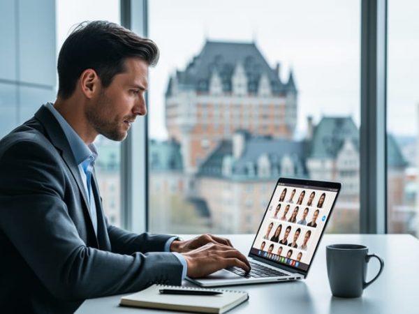 Professional job seeker in business attire reviewing AI-generated headshots on a laptop at a desk, with Quebec City skyline and Château Frontenac softly blurred through an office window under soft natural daylight.