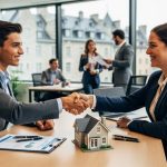 Job candidate and hiring manager shake hands across a desk with a small house model and valuation clipboard in a bright office; coworkers collaborate in the background and historic Quebec stone buildings are visible through the window.