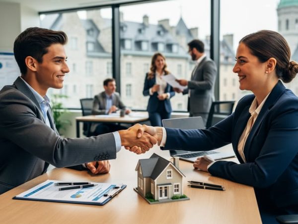 Job candidate and hiring manager shake hands across a desk with a small house model and valuation clipboard in a bright office; coworkers collaborate in the background and historic Quebec stone buildings are visible through the window.