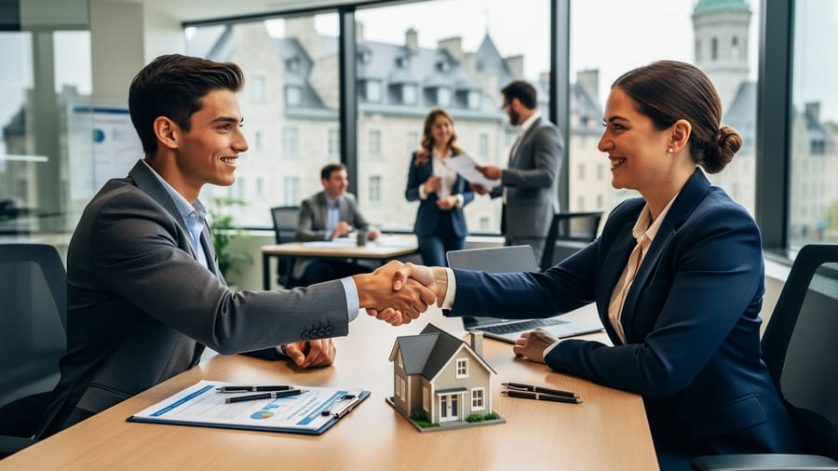 Job candidate and hiring manager shake hands across a desk with a small house model and valuation clipboard in a bright office; coworkers collaborate in the background and historic Quebec stone buildings are visible through the window.
