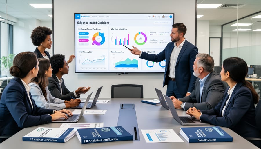 Three professionals collaborating around a conference table with documents and a tablet displaying abstract visuals.