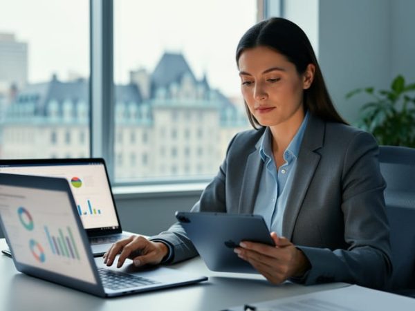 “HR professional reviewing workforce analytics on a laptop in a modern office with blurred screen details and contemporary Quebec City ambiance in the background.”