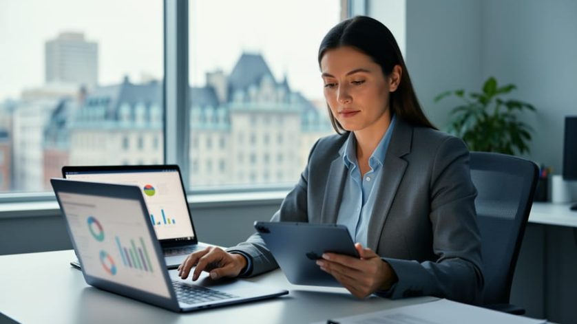 “HR professional reviewing workforce analytics on a laptop in a modern office with blurred screen details and contemporary Quebec City ambiance in the background.”