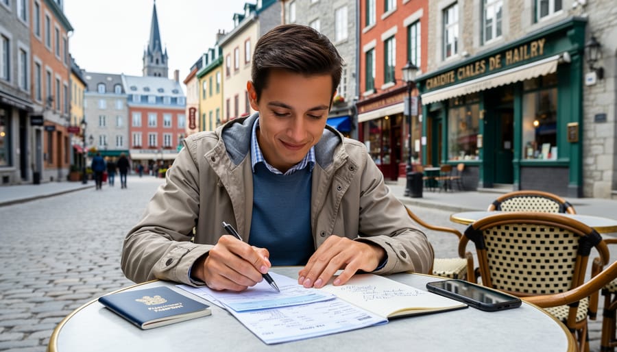 A traveler holding an open passport and checking a phone at a café table in Quebec City.