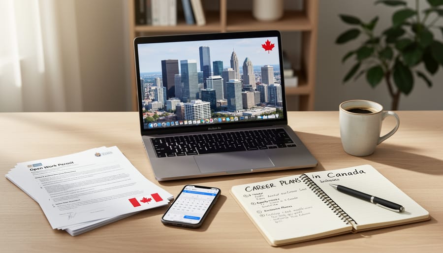 Close-up of an open laptop and desk items on a coworking table in Canada.