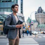 “Young traveler holding an open passport and visa documents on a Canadian street corner, with Quebec City landmarks softly blurred in the background.”