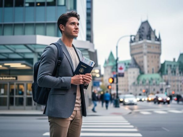 “Young traveler holding an open passport and visa documents on a Canadian street corner, with Quebec City landmarks softly blurred in the background.”
