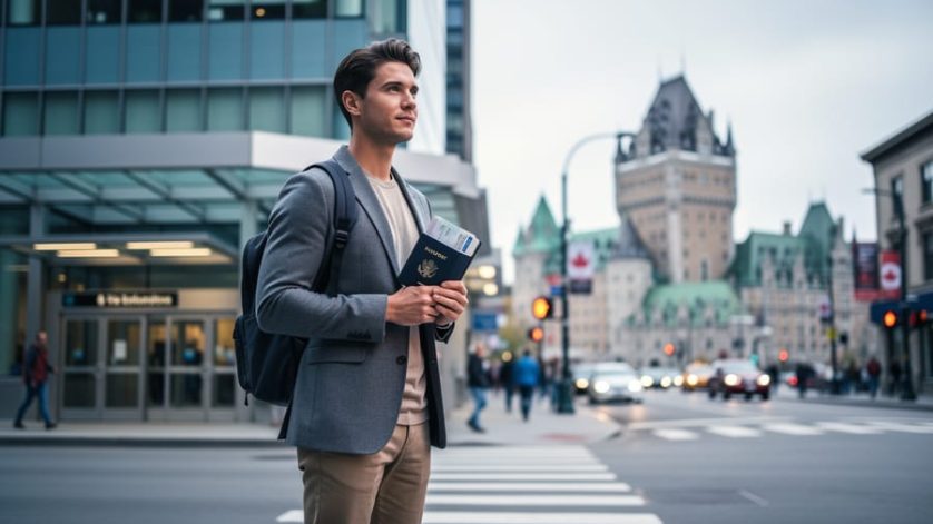 “Young traveler holding an open passport and visa documents on a Canadian street corner, with Quebec City landmarks softly blurred in the background.”