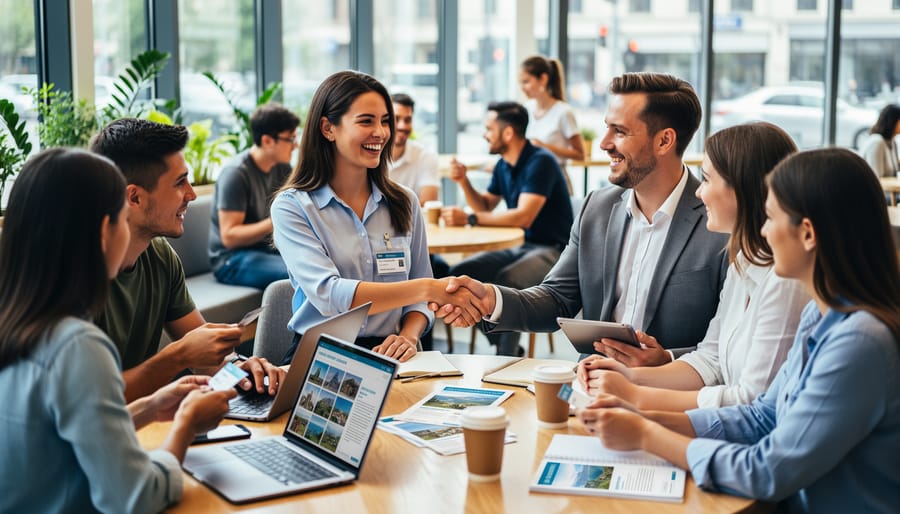 People networking at a coffee shop while exchanging resume documents.