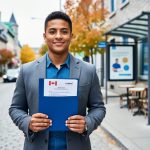 A newcomer holding a work-permit document folder in Quebec City near a café, with the city street softly blurred in the background.