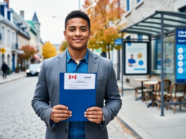 A newcomer holding a work-permit document folder in Quebec City near a café, with the city street softly blurred in the background.
