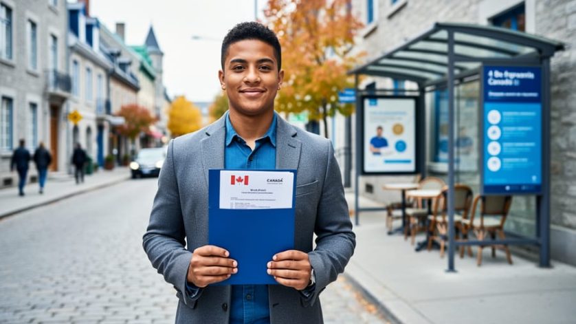 A newcomer holding a work-permit document folder in Quebec City near a café, with the city street softly blurred in the background.