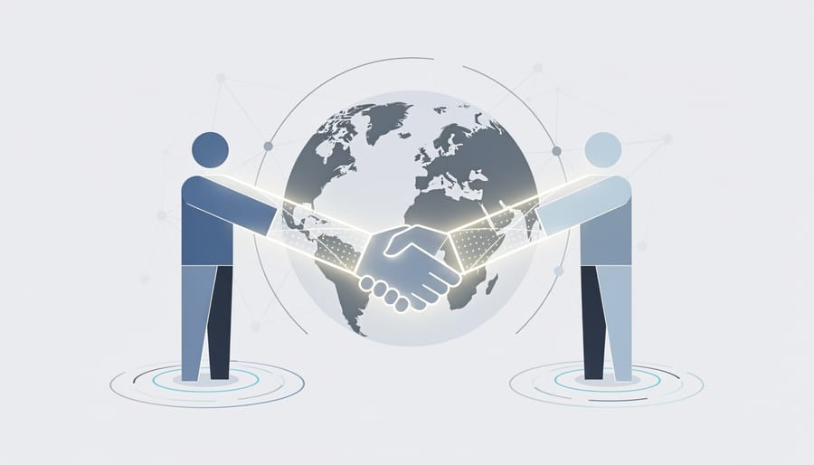 Glowing digital light handshake concept in front of a laptop keyboard representing AI-enabled connections.