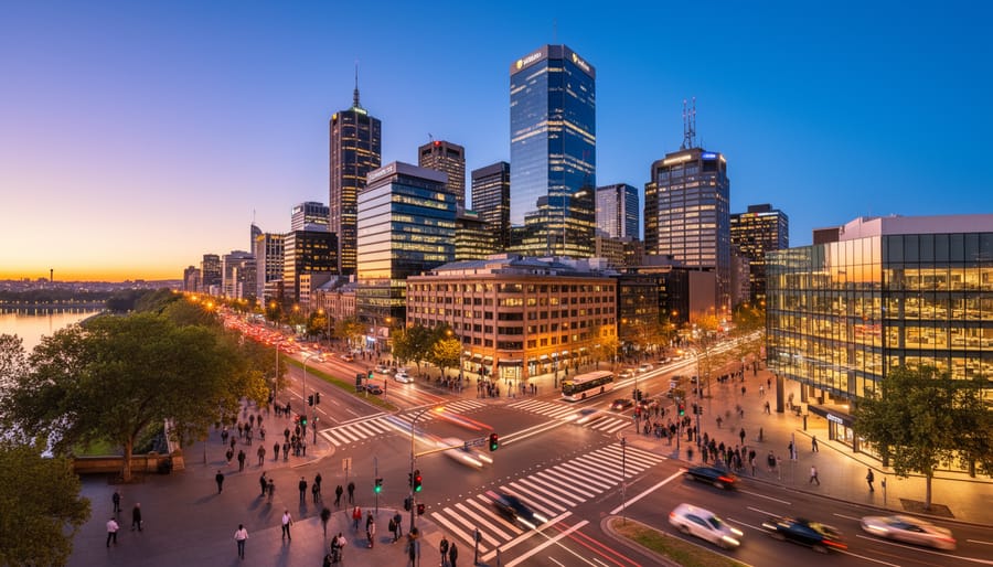Australian city skyline at dusk with modern office buildings and soft warm lights in windows