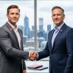 Canadian and Australian professionals handshake in an office with a desk showing a passport and folder, representing employer-sponsored work visa pathways.