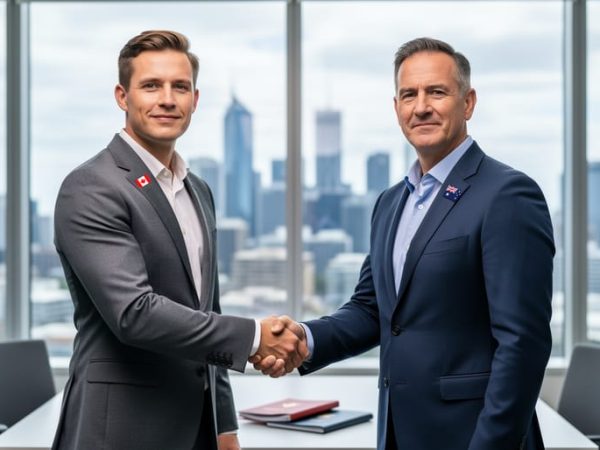 Canadian and Australian professionals handshake in an office with a desk showing a passport and folder, representing employer-sponsored work visa pathways.