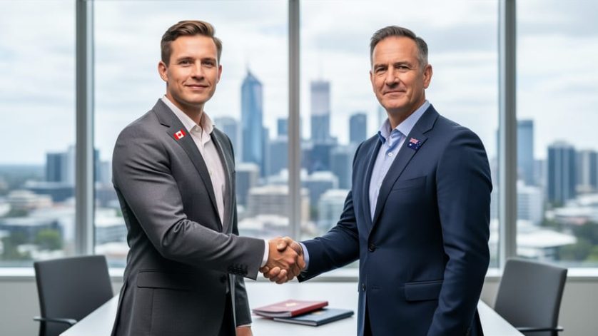 Canadian and Australian professionals handshake in an office with a desk showing a passport and folder, representing employer-sponsored work visa pathways.