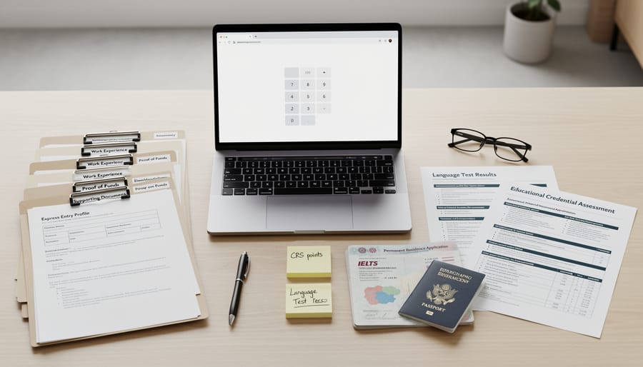 Immigration documents, Canadian passport, and language-test papers on a desk