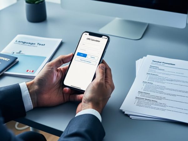 Hands on a desk reviewing immigration documents beside a smartphone, illustrating preparation to estimate an Express Entry CRS score with the CRS calculator.
