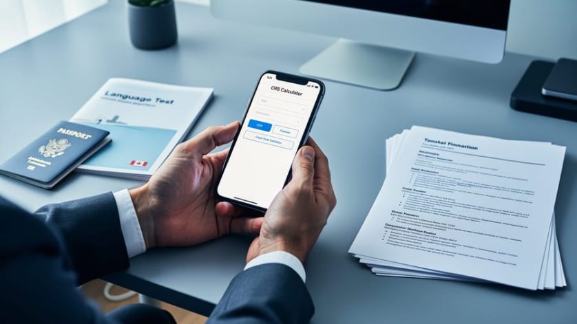 Hands on a desk reviewing immigration documents beside a smartphone, illustrating preparation to estimate an Express Entry CRS score with the CRS calculator.