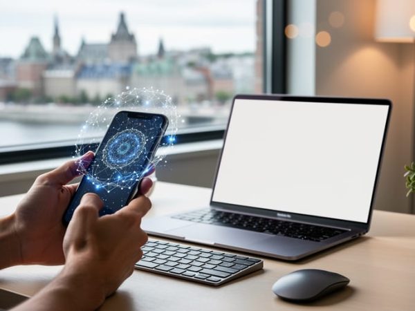 Hands holding a smartphone at a Quebec City remote-work desk with an abstract AI glow linking to global opportunities over a laptop.