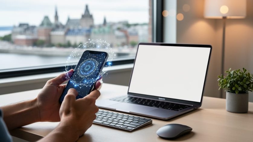 Hands holding a smartphone at a Quebec City remote-work desk with an abstract AI glow linking to global opportunities over a laptop.