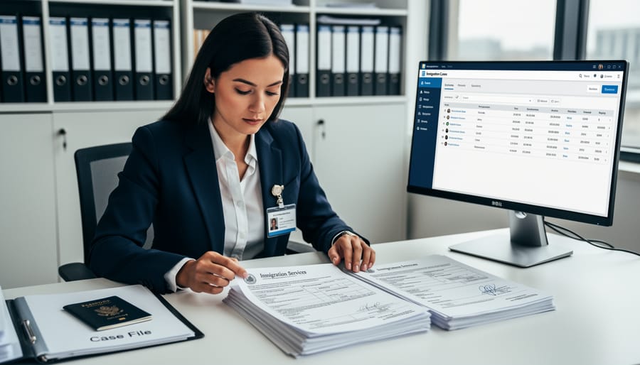Person in business attire reviewing immigration documents at an office desk