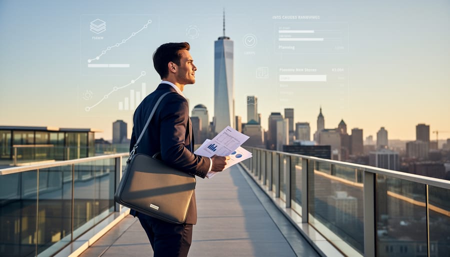 Business-casual person walking toward a modern downtown building at golden hour