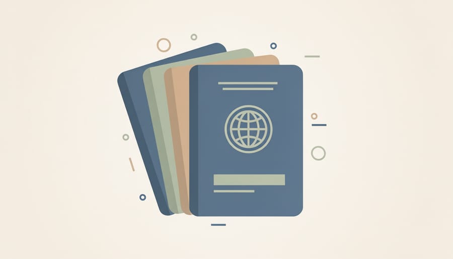 Close-up of two passports and a passport photo holder on a desk