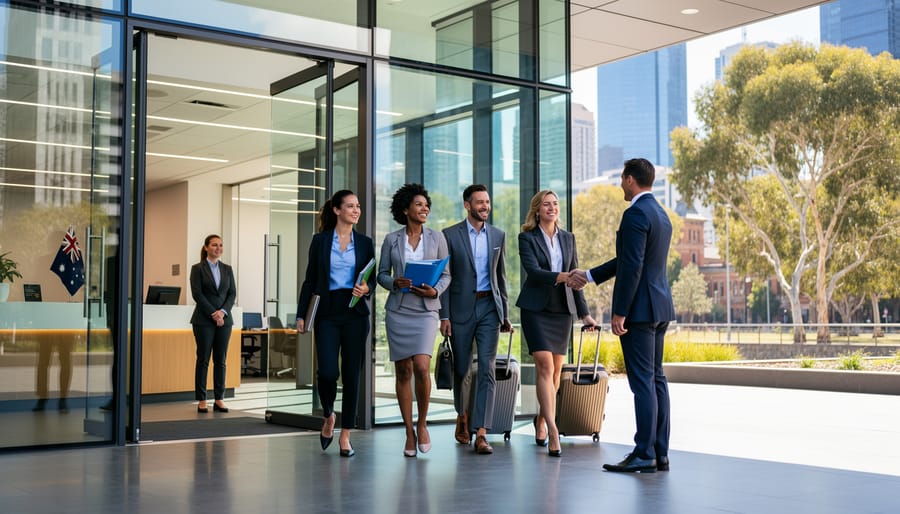 Diverse professionals walking toward an office entrance with folders for a job in Australia
