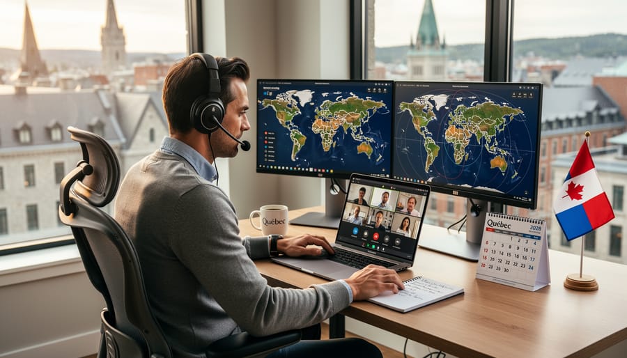 Quebec City professional working remotely at a home office with headphones during a virtual meeting.