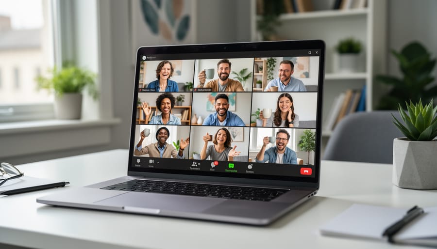 People in a remote team video call shown with blurred chat content during an informal connection moment.