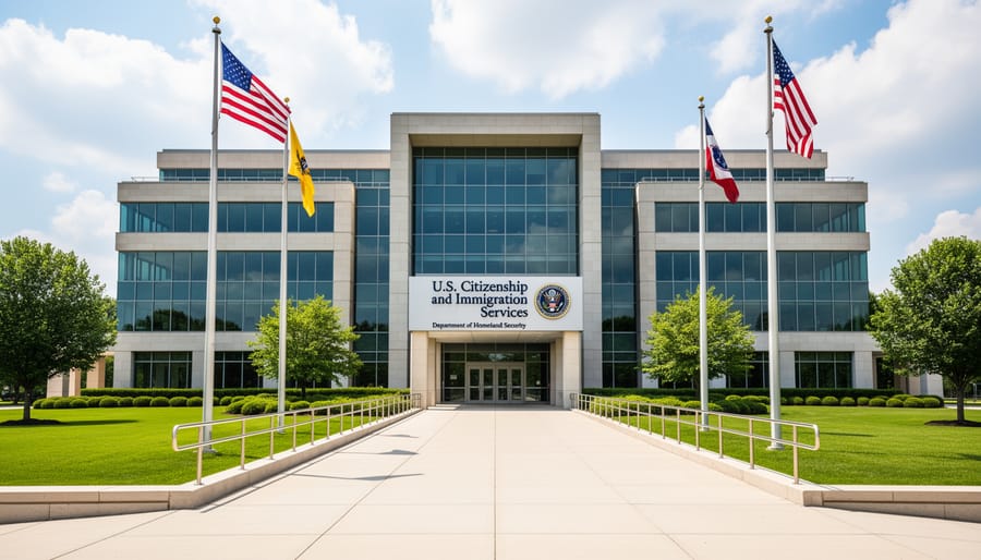 Exterior view of a U.S. government building with columns under an overcast sky