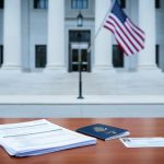 Immigration-related paperwork and a passport on a desk in front of a U.S. government building entrance with an American flag.