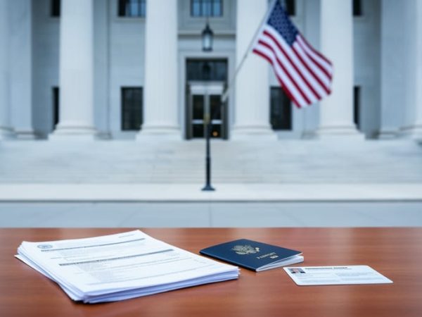 Immigration-related paperwork and a passport on a desk in front of a U.S. government building entrance with an American flag.