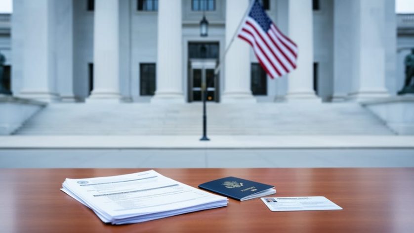 Immigration-related paperwork and a passport on a desk in front of a U.S. government building entrance with an American flag.