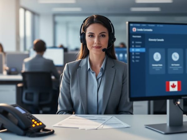 A customer service representative wearing a headset at a phone support desk in a call-center environment, representing immigration and employment phone support in Canada.