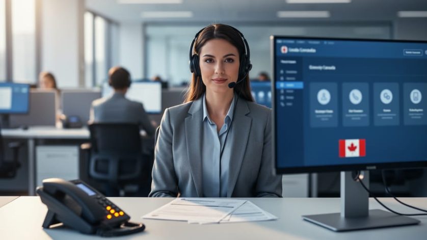 A customer service representative wearing a headset at a phone support desk in a call-center environment, representing immigration and employment phone support in Canada.