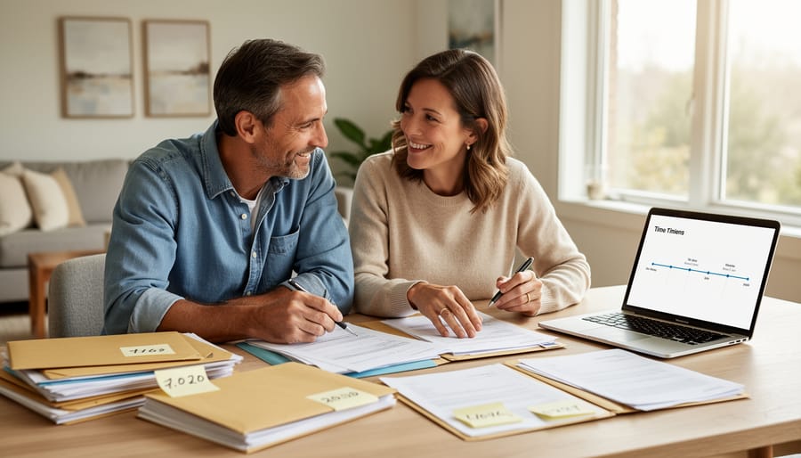 Couple organizing Canadian immigration documents and a folder on a kitchen table