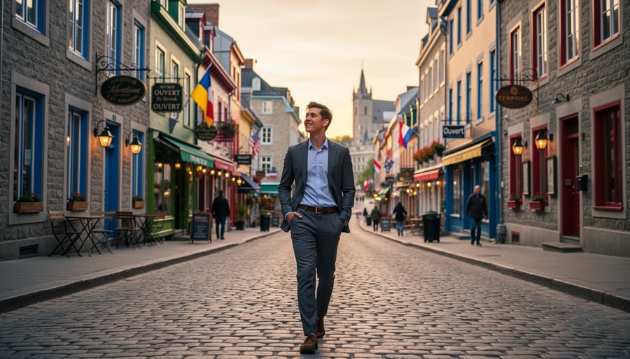 Person walking on a Quebec City street at golden hour with historic buildings in the background