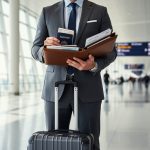 Business traveler holding a passport and documents in a modern airport, symbolizing an L-1 intracompany transfer to the United States.