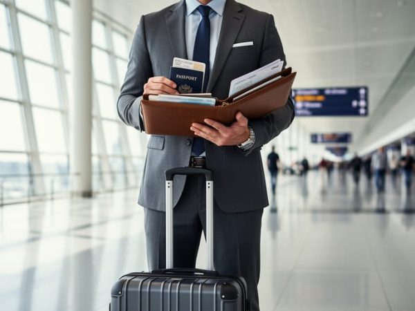 Business traveler holding a passport and documents in a modern airport, symbolizing an L-1 intracompany transfer to the United States.