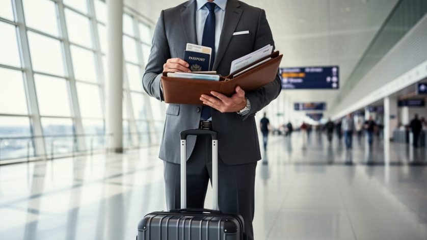 Business traveler holding a passport and documents in a modern airport, symbolizing an L-1 intracompany transfer to the United States.