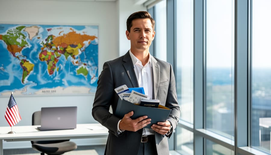 Business professional holding a passport folder by a window overlooking a city skyline