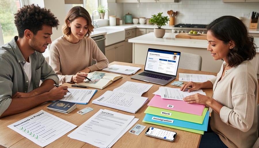 Newcomer family preparing immigration documents next to a smartphone on a table