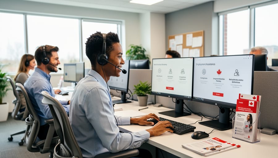 Customer service representative wearing a headset at a phone support desk