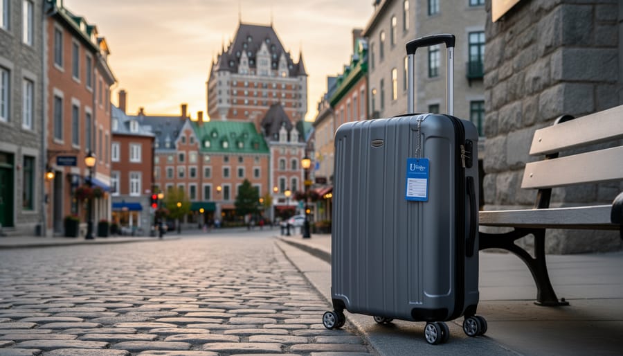 Traveler with a suitcase in a Quebec City setting near a window